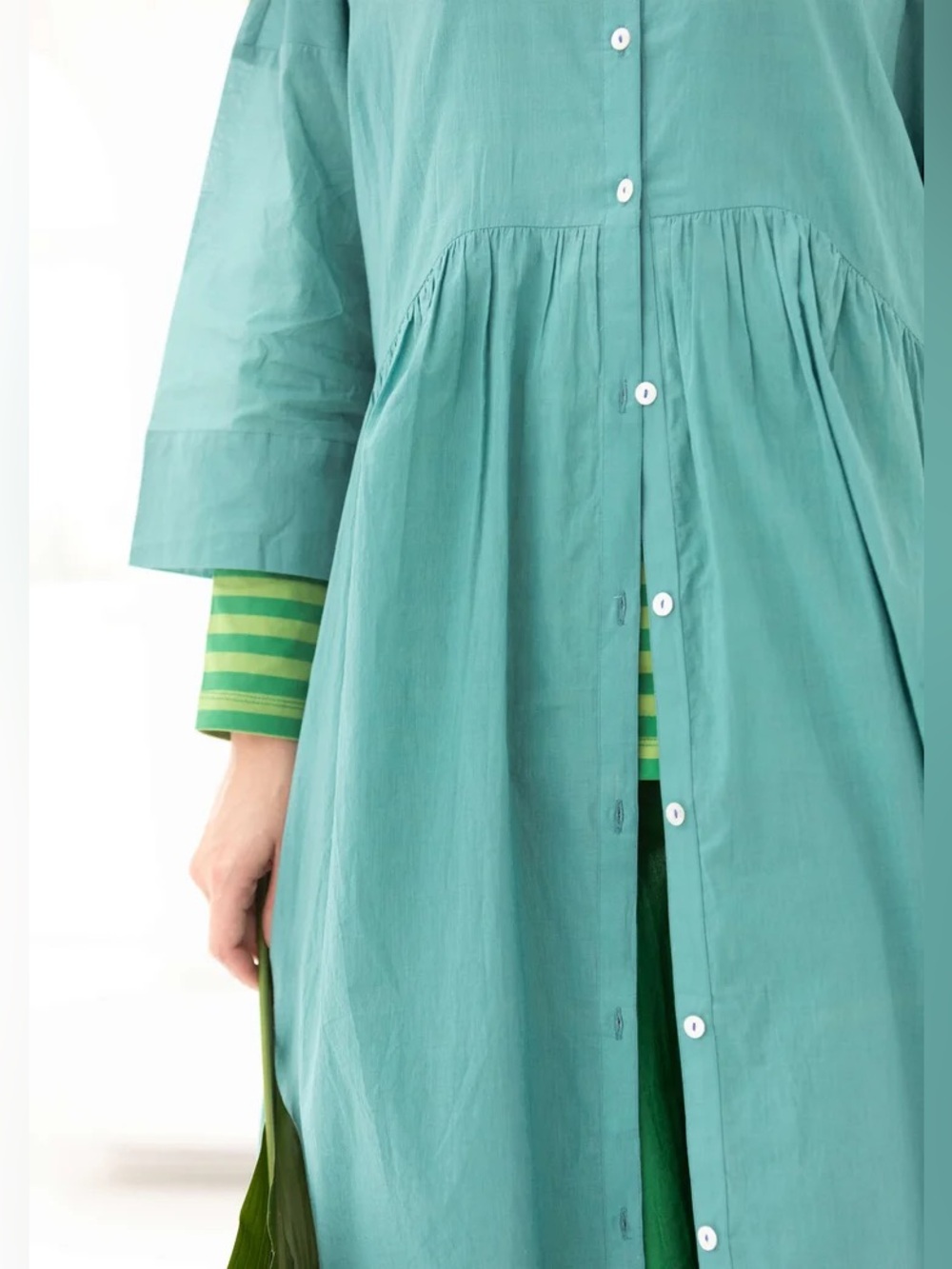 Gudrun Sjoden Dress green Agnes Teal Bracelet Sleeve Tiered Midi button front L - Picture 2 of 11